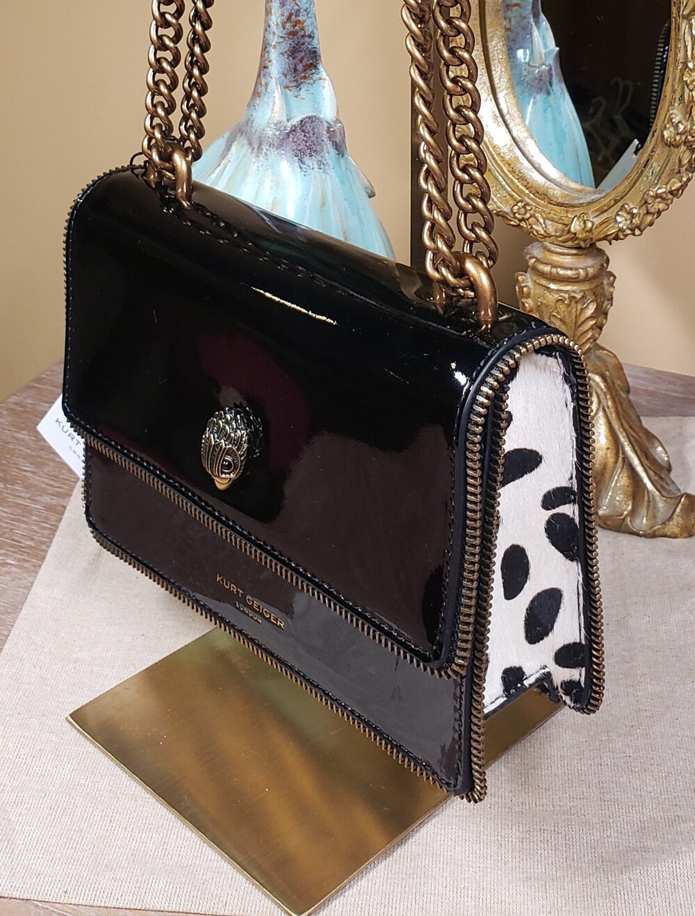Kurt Geiger Black Patent Shoulder Bag with Dalmatian Spot Sides NWT! Last One!